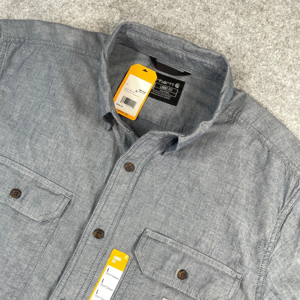 Carhartt Mens Chambray Short Sleeve Shirt L Blue Loose Fit Midweight NWT